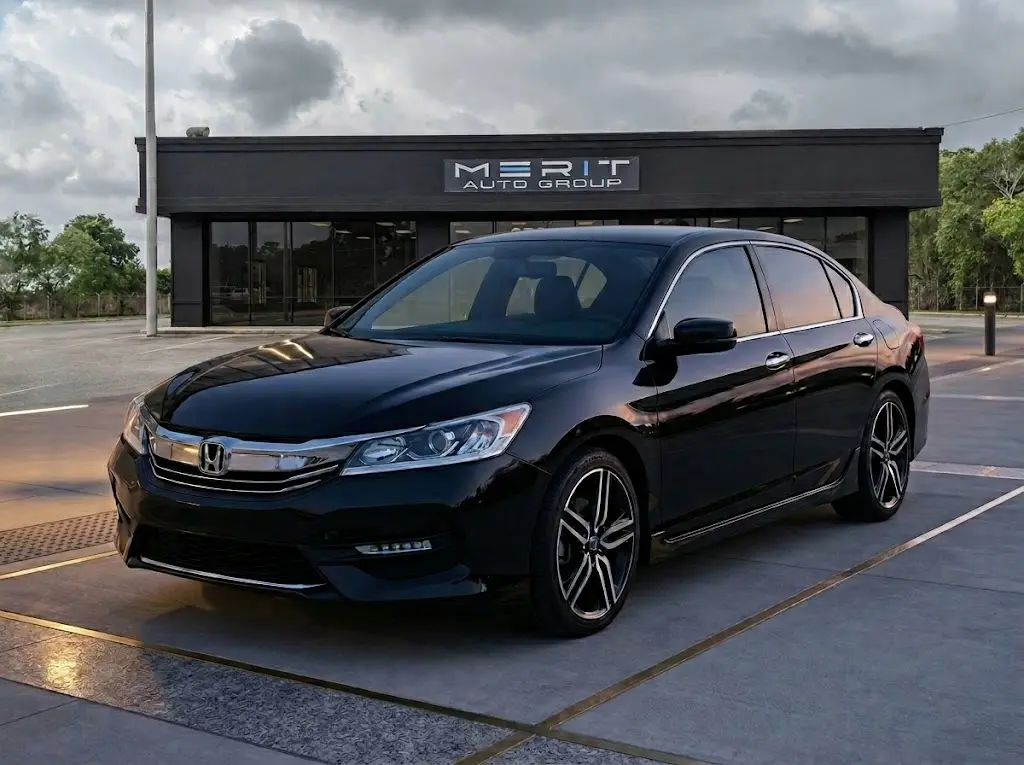 Front three-quarter view of a black Honda Accord sedan parked in a paved lot outside a building.