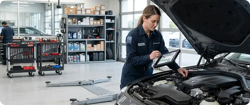Technician inspecting a BMW in the service bay