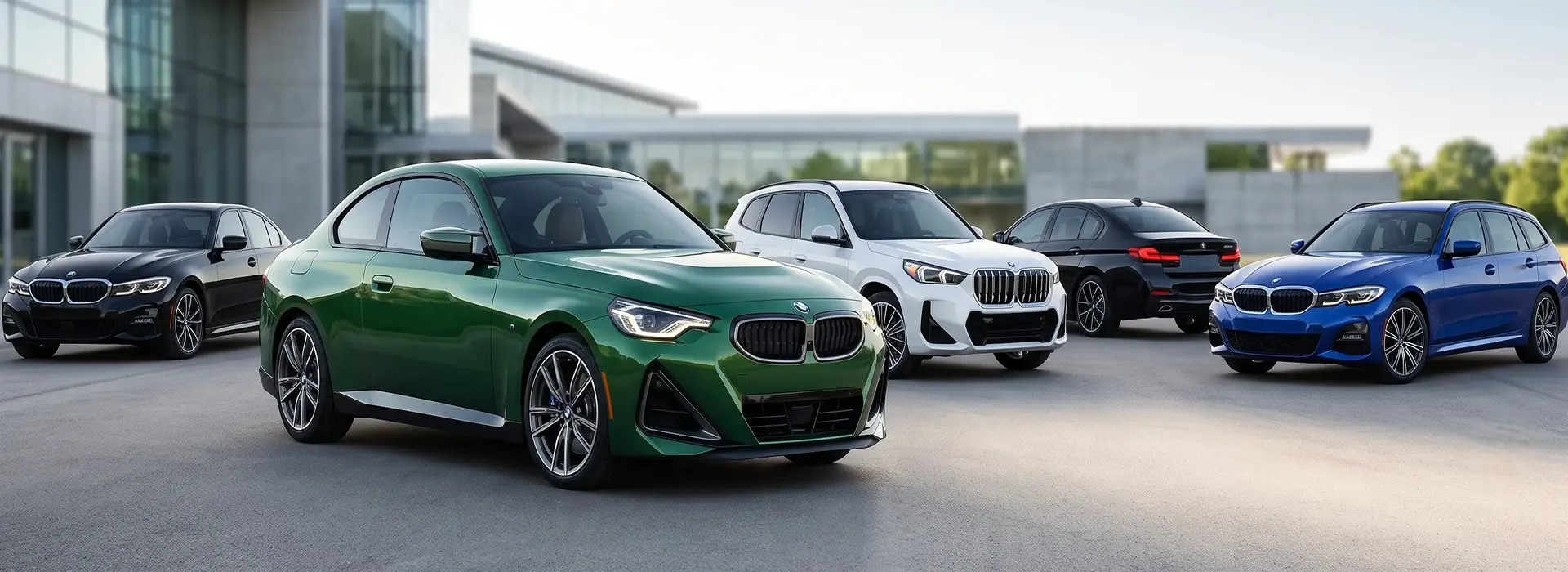 A lineup of used BMW vehicles at the Merit Auto Group dealership
