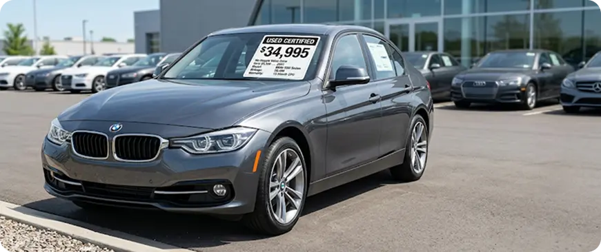 Row of used BMW vehicles in a dealership lot