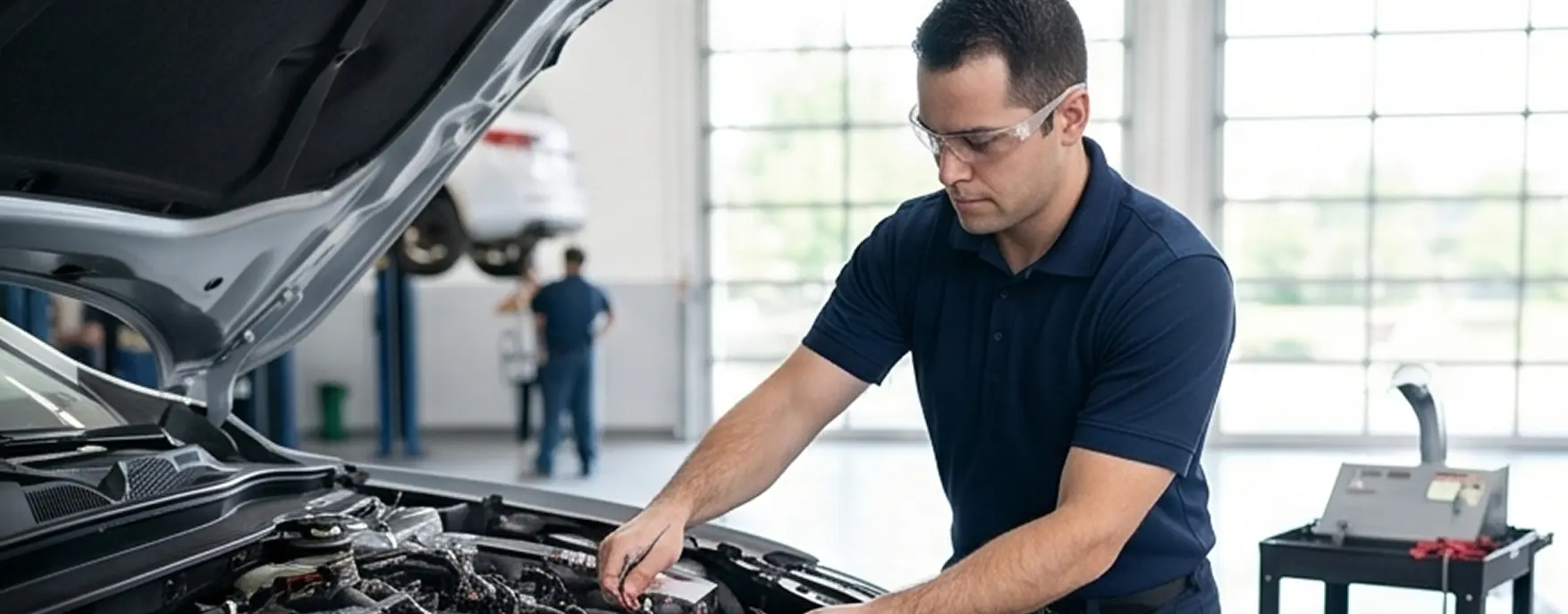 Technician leaning under the open hood of a vehicle in the Merit Auto Group service bay