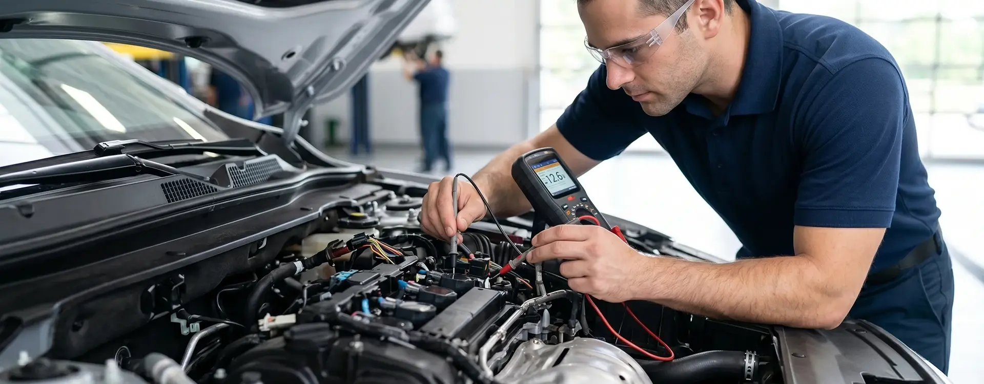Certified Merit Auto Group technician running diagnostics on a vehicle's engine