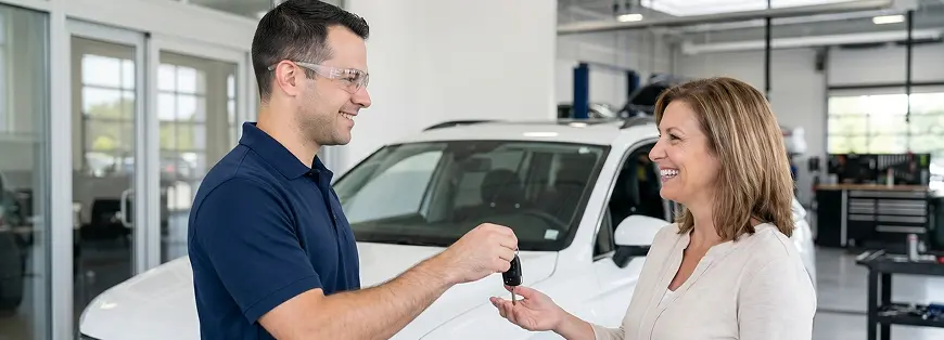 Service advisor handing car keys to a smiling customer beside a white vehicle
