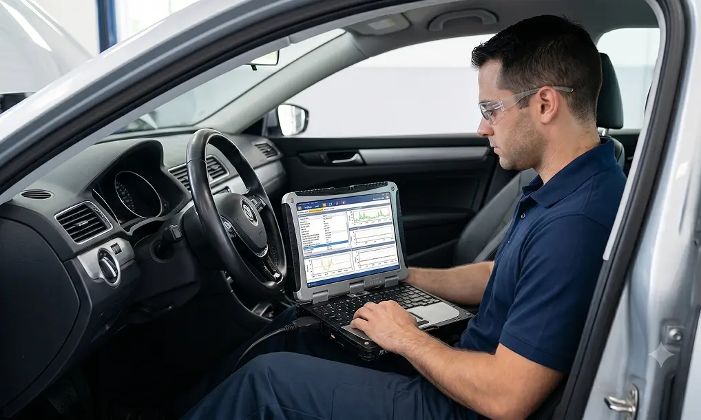 Technician seated in a vehicle running computer diagnostics on a laptop