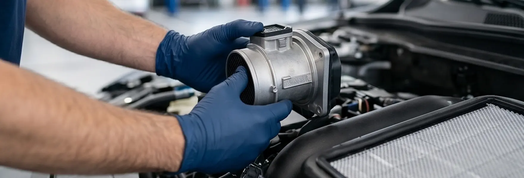 Gloved technician inspecting an electronic throttle body during engine diagnostics