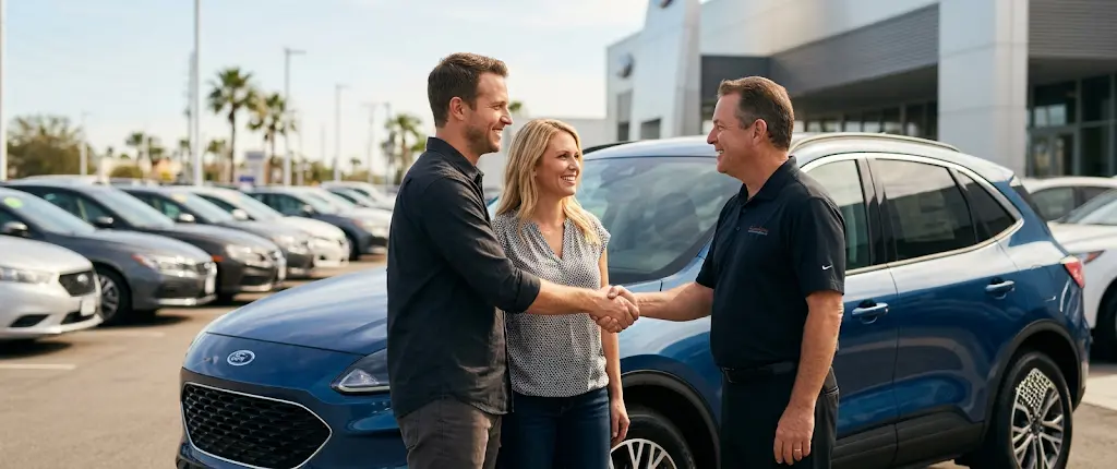 Salesperson shaking hands with a happy couple in front of a blue Ford SUV at the dealership