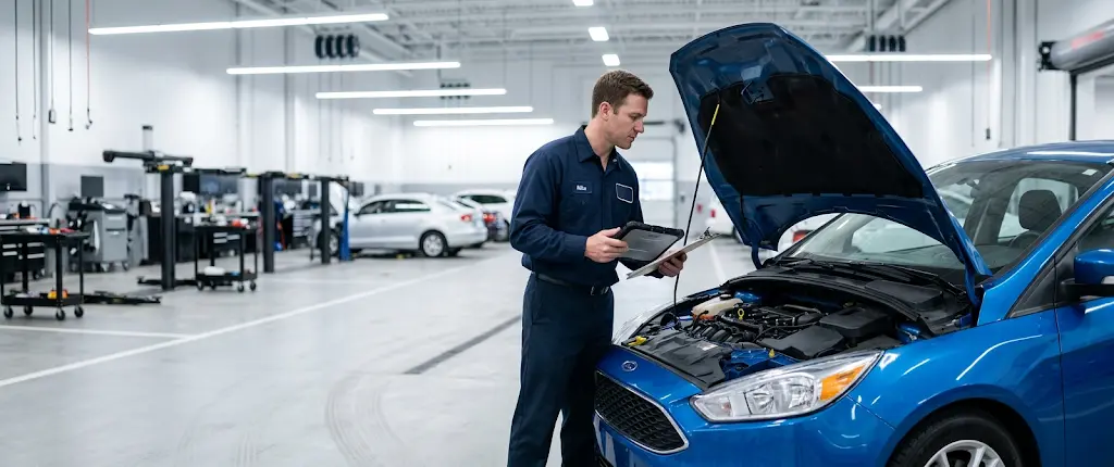 Technician inspecting a Ford in the service bay