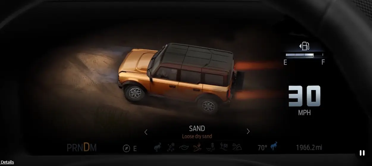 Ford Bronco digital gauge cluster showing the Sand G.O.A.T. Mode