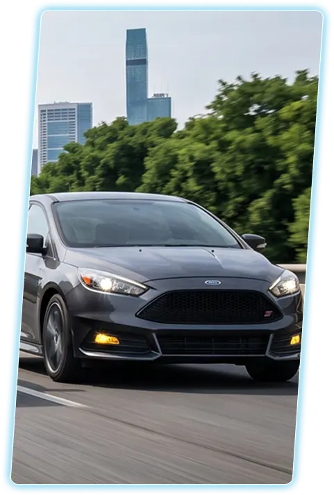 Ford Focus front view against a city skyline