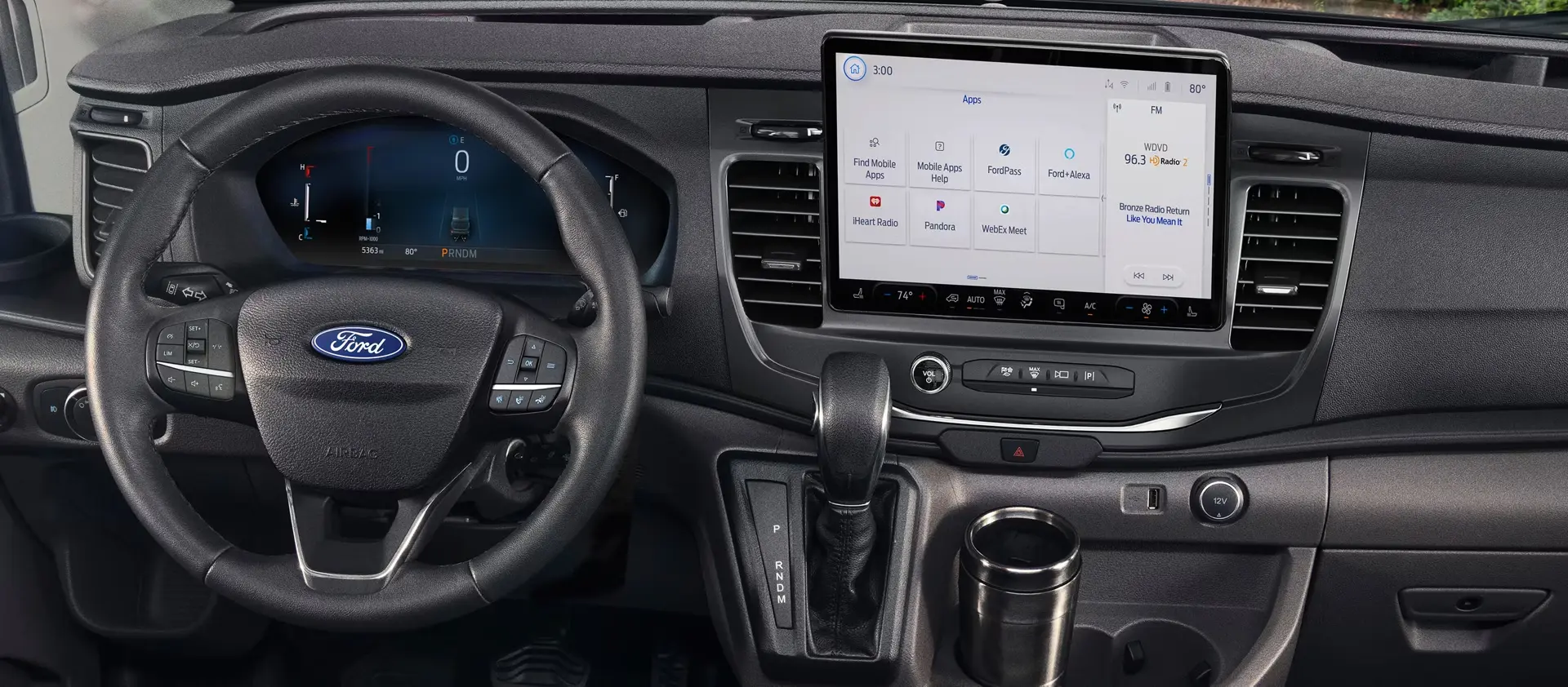 Ford Transit interior with dashboard and SYNC touchscreen