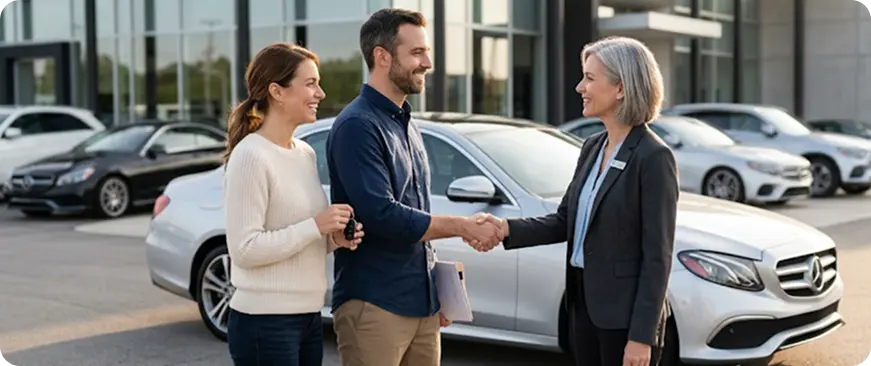 Saleswoman shaking hands with a smiling couple beside Mercedes-Benz vehicles on the dealership lot
