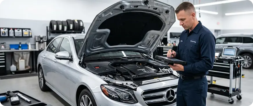 Technician inspecting a silver Mercedes-Benz with the hood open in the service bay