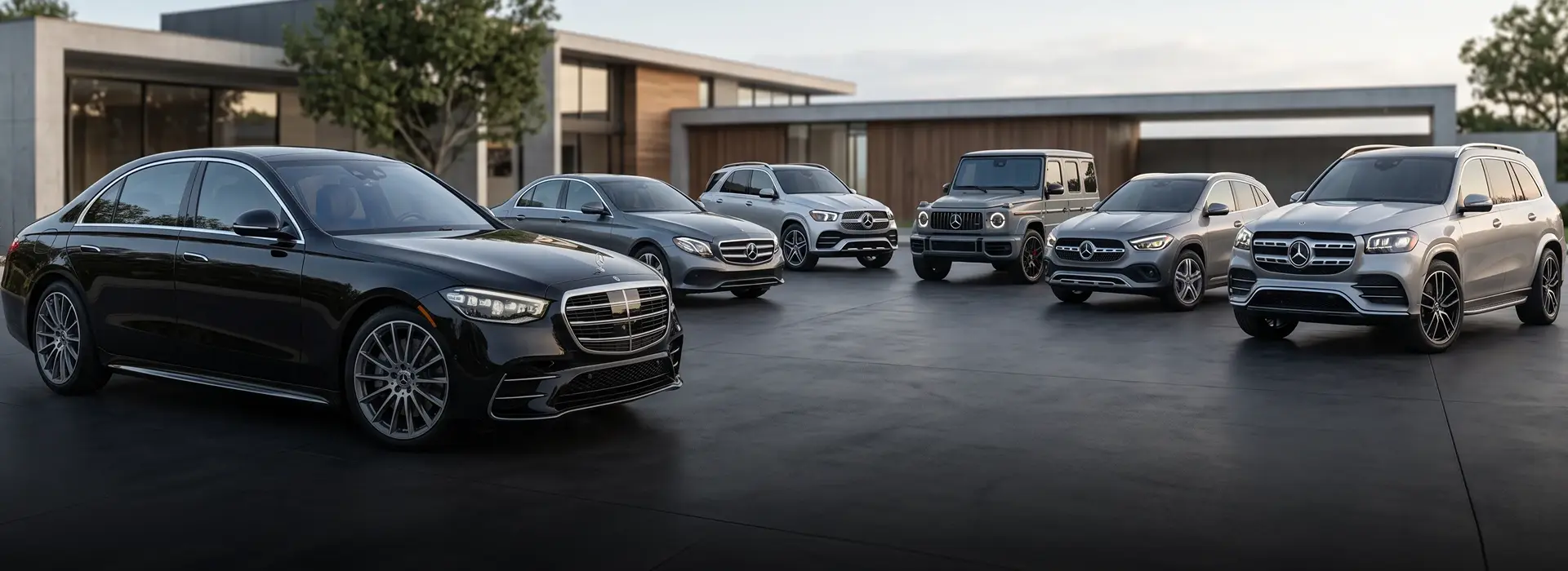 A lineup of used Mercedes-Benz sedans and SUVs parked in front of a modern Merit Auto Group dealership in Jacksonville, FL at dusk