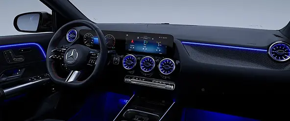 Mercedes-Benz GLA interior with blue ambient lighting and dual displays