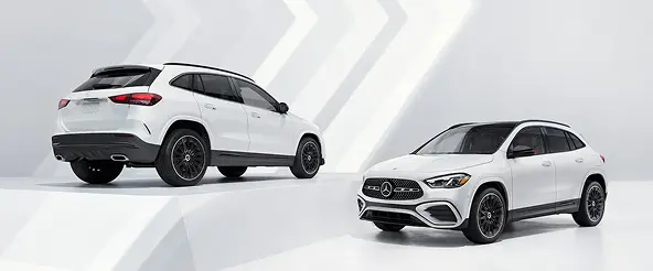 Two white Mercedes-Benz GLA compact SUVs, front and rear three-quarter views