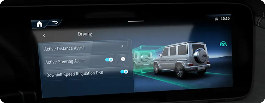 Mercedes-Benz MBUX driving-assistance menu showing Active Distance and Steering Assist for the G-Class