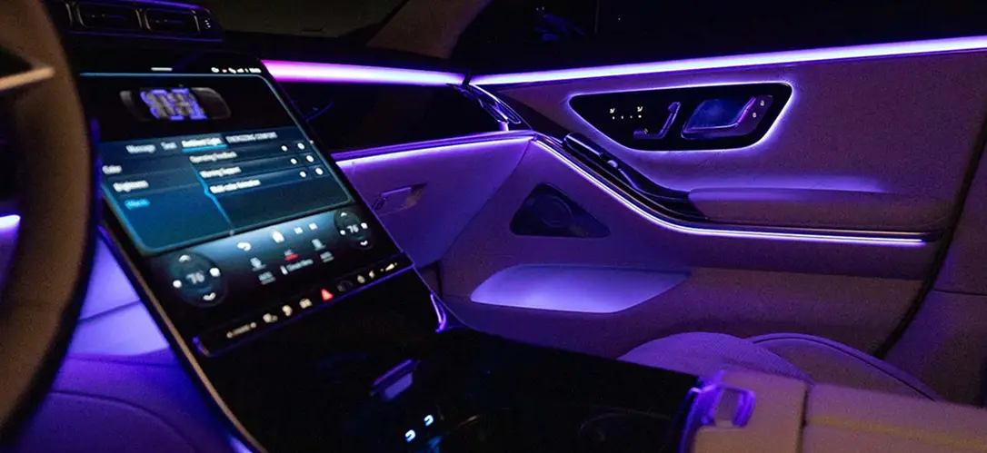 Mercedes-Benz S-Class glass infotainment display spanning the dashboard