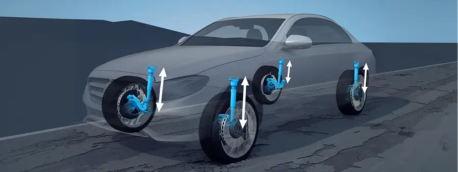Illustration of the Mercedes-Benz AIRMATIC adjustable air suspension on a GLE chassis