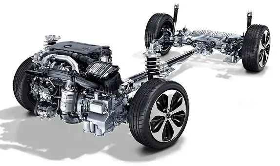 Cutaway view of a Mercedes-Benz GLA chassis showing the independent front and multilink rear suspension