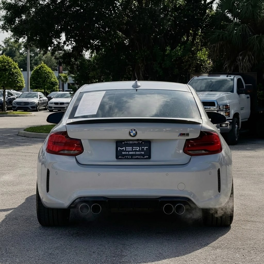 Used BMW M2 Competition at Merit Auto Group in Jacksonville, FL, showing the window sticker and Merit dealer plate