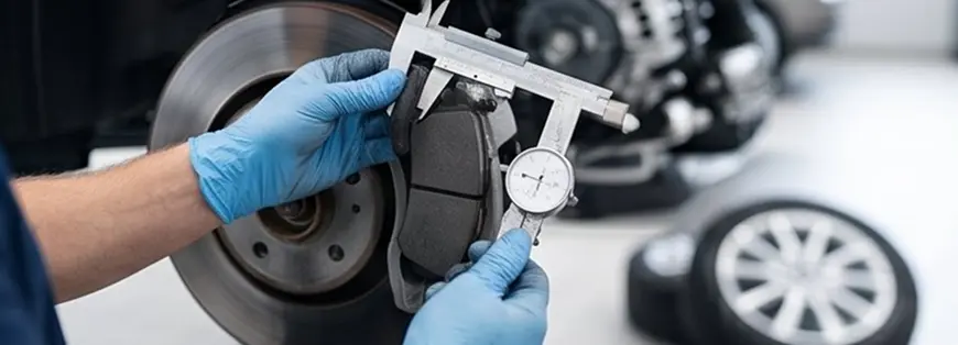 Gloved technician measuring a new brake pad against a brake rotor with a dial caliper