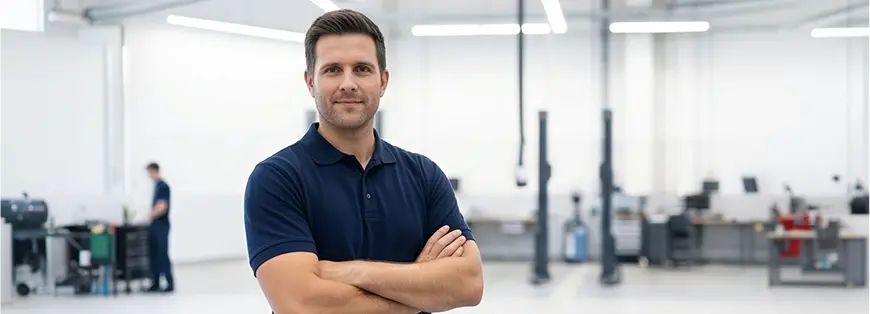 Confident certified technician standing with arms crossed inside the Merit Auto Group service center