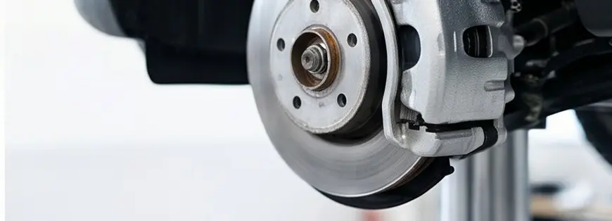 Close-up of a freshly serviced brake rotor and caliper mounted on a vehicle's wheel hub