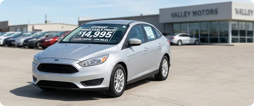Silver used Ford Focus with an upfront wholesale price window sticker in the dealership lot