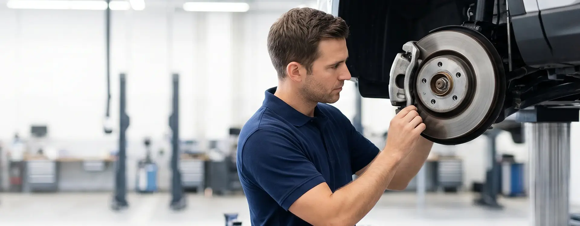 Certified Merit Auto Group technician inspecting a vehicle's front brake disc on a service lift
