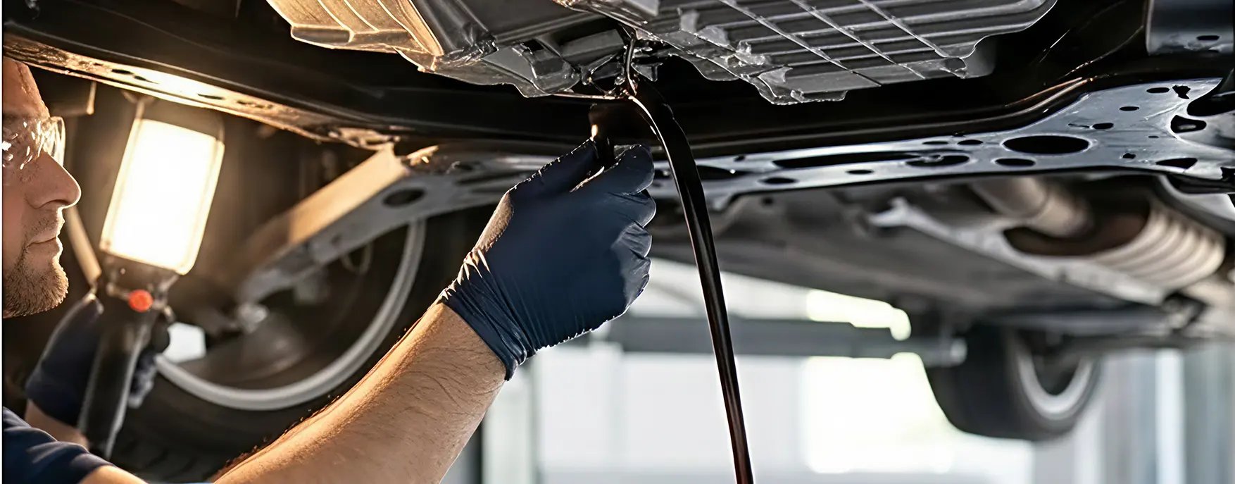 Technician draining used oil from a vehicle's oil pan into a drain basin on a lift