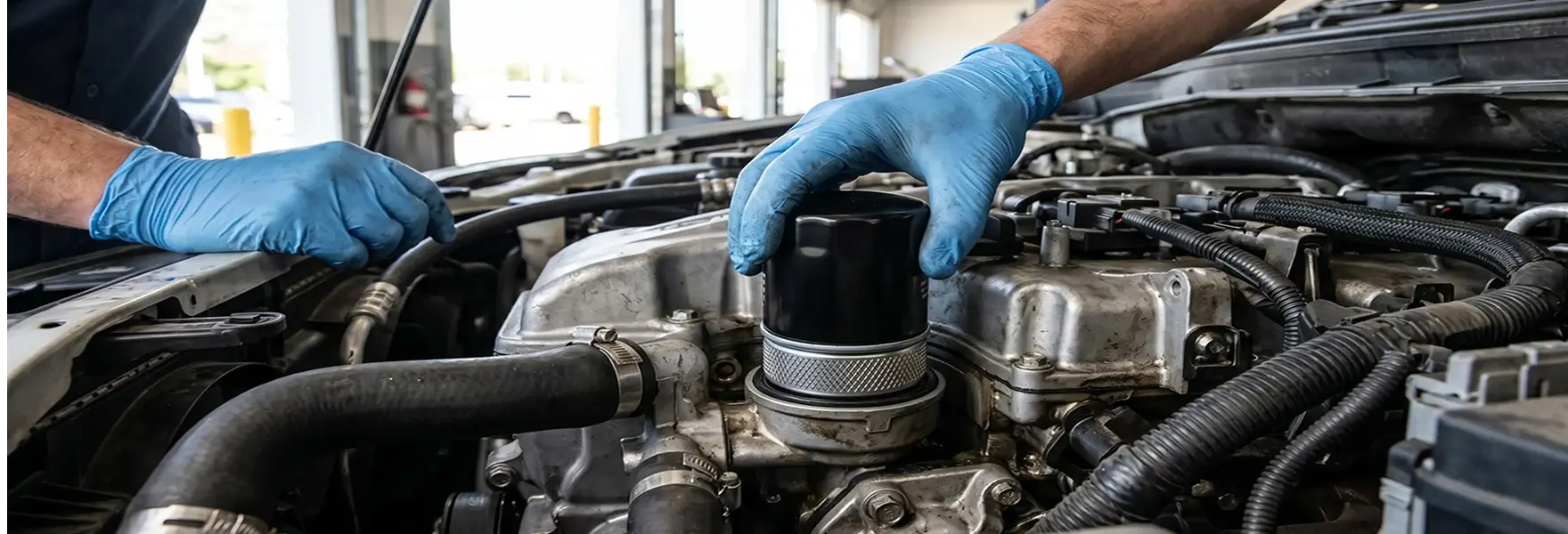 Gloved technician installing a new oil filter in a vehicle's engine bay