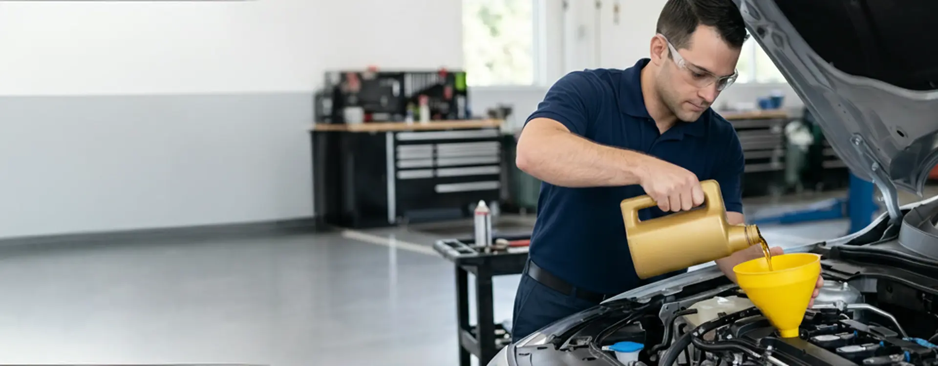 Certified Merit Auto Group technician pouring fresh oil into a vehicle's engine