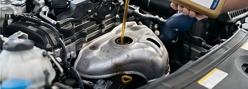 Technician pouring fresh oil into a vehicle's engine under the hood