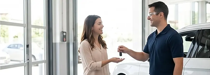 Service advisor handing car keys to a smiling customer in the Merit Auto Group showroom