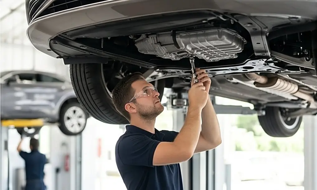 Technician under a raised vehicle servicing the oil pan and drain plug