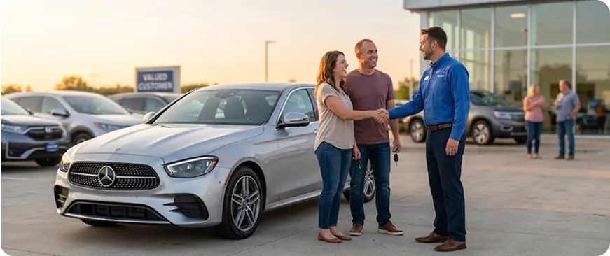 Salesperson shaking hands with a happy customer beside a sedan at the dealership