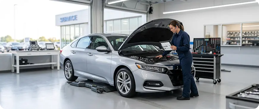 Technician inspecting a vehicle in the service bay