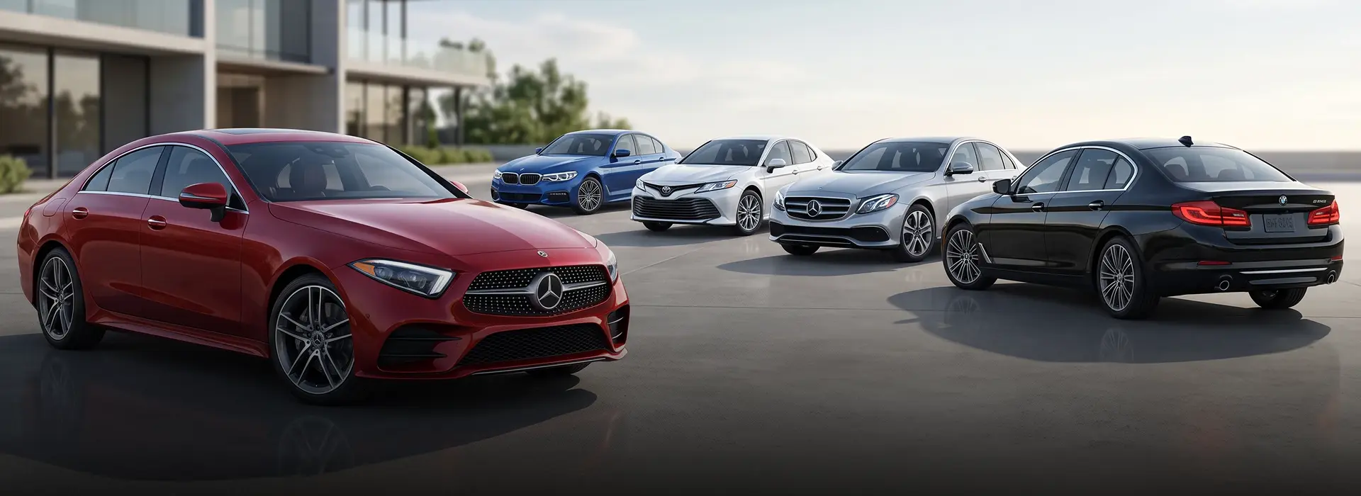 A lineup of used sedans parked at the Merit Auto Group dealership in Jacksonville, FL