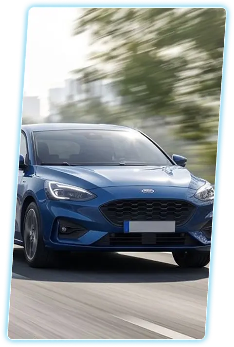 Ford sedan front view against a city skyline