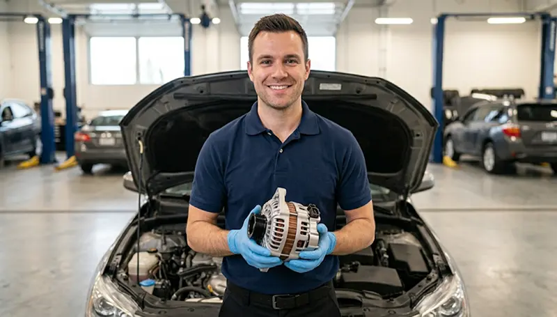 Replacement alternator being installed in a vehicle engine bay