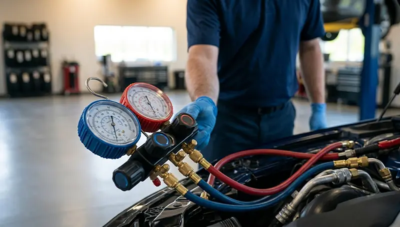 Technician recharging a vehicle's air conditioning system