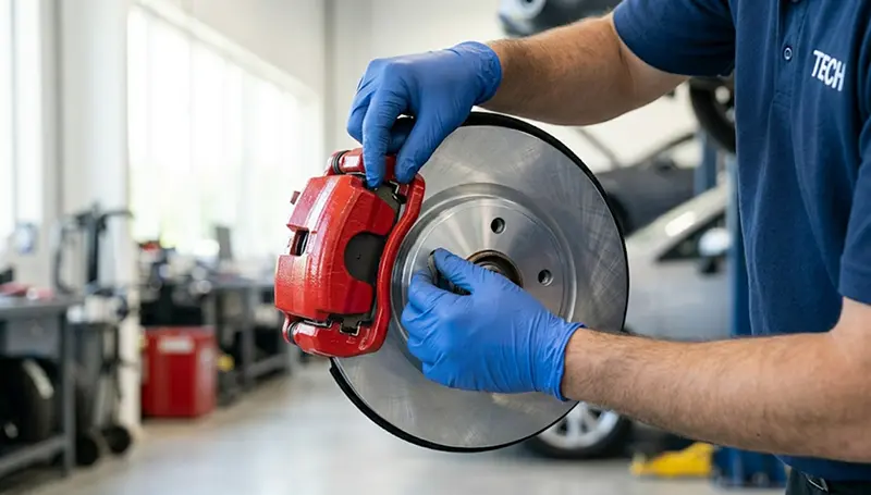 Technician inspecting brake pads and rotor during a brake repair