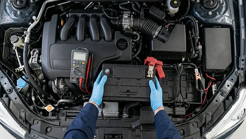 Technician installing a new car battery under the hood