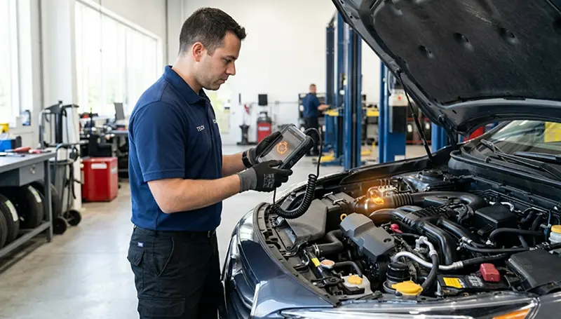Handheld diagnostic scanner reading a vehicle's engine trouble codes