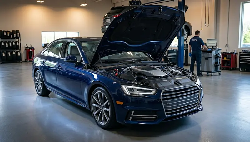 Mechanic working under the hood of a European luxury vehicle