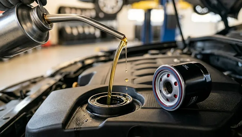 Fresh motor oil being poured during an oil change service