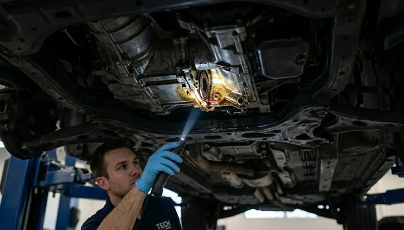 Technician inspecting an engine underside for oil leaks