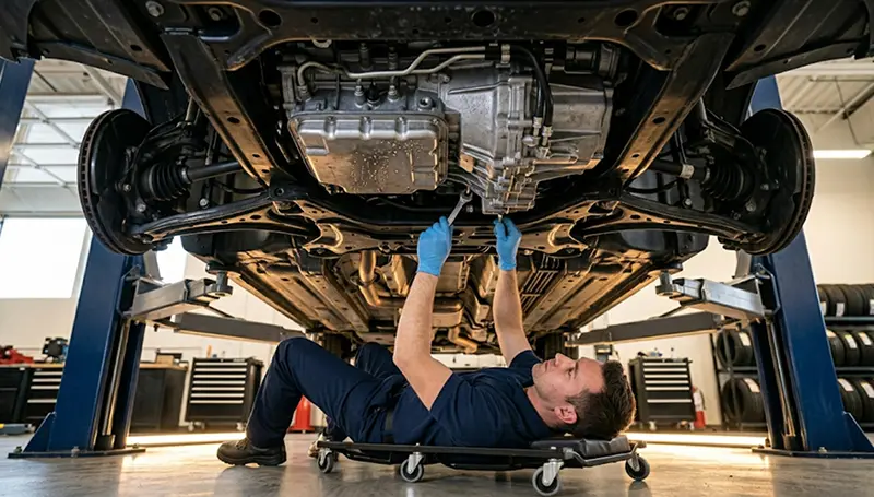 Mechanic servicing a vehicle transmission