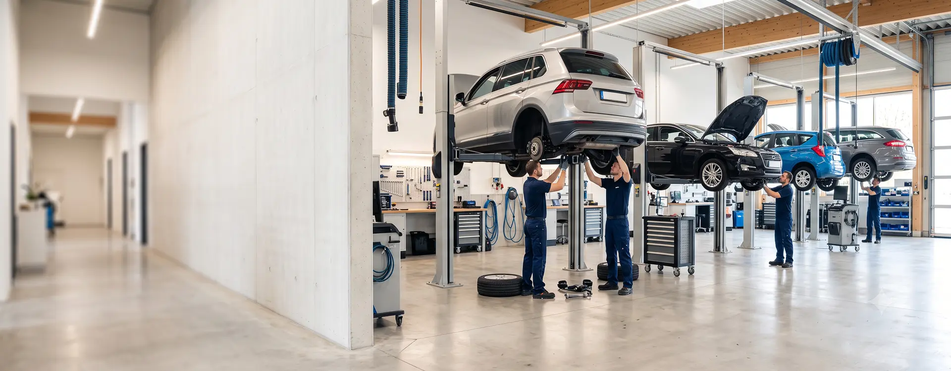 Service technician working on a vehicle inside the Merit Auto Group service bay