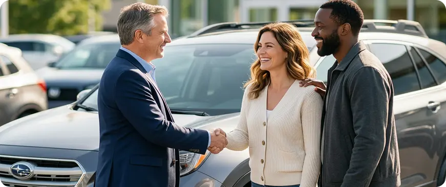 Salesperson shaking hands with a smiling couple beside an SUV at the dealership